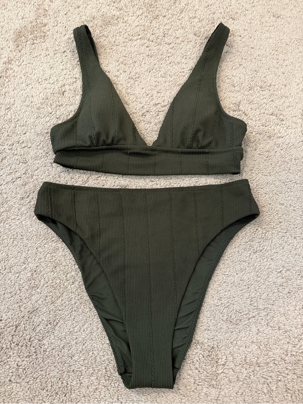 Aerie Olive Green Ribbed Bikini Set - Triangle Top S + Hight Cut Cheeky Bottom M
